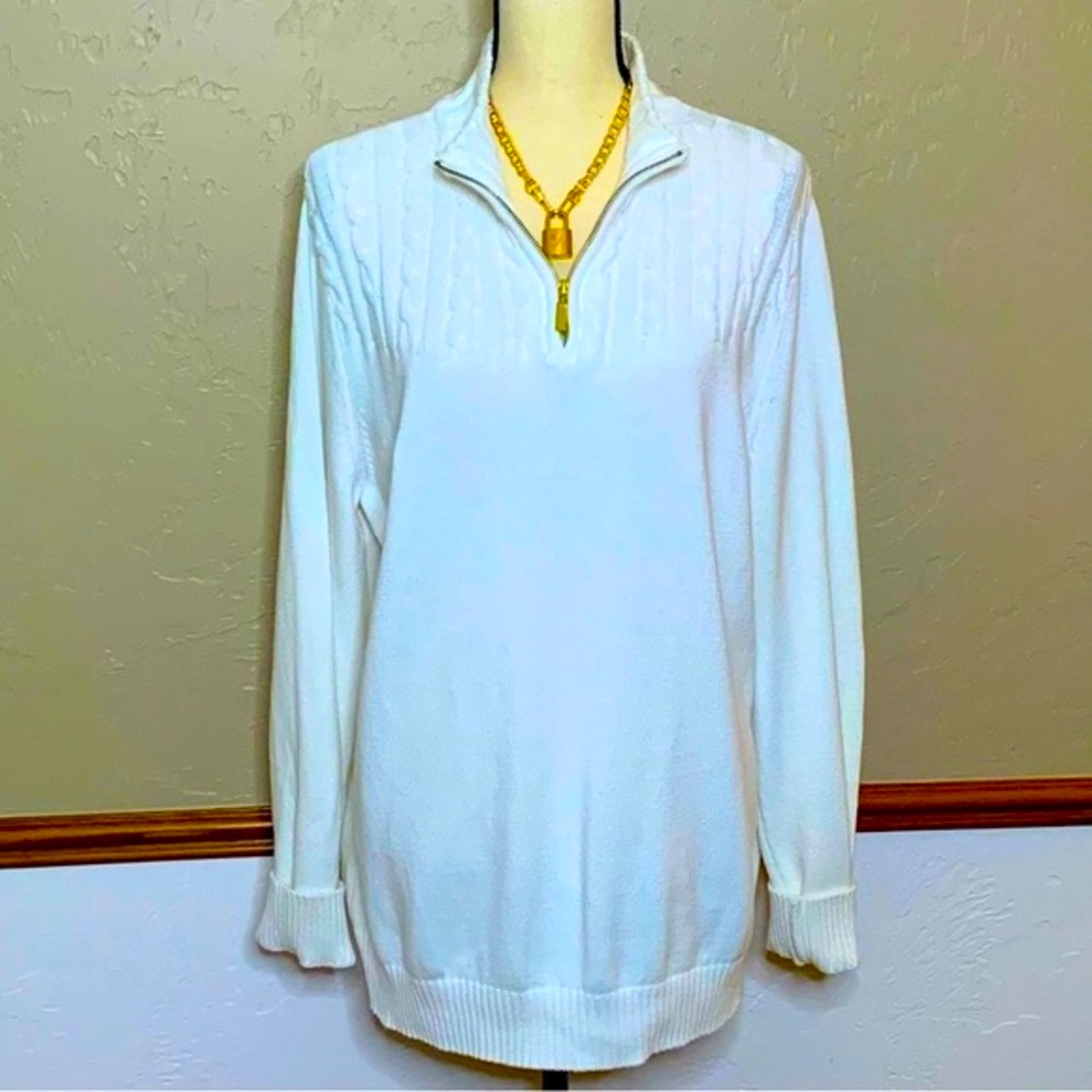 Karen Scott Preppy Longline Quarter Zip Knit Sweater in True White EUC Size L